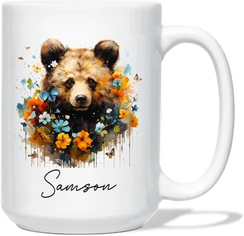 Taza de café de oso – Regalo personalizado para amantes, taza de té de animales salvajes con flores, regalo de cerámica personalizado para amantes