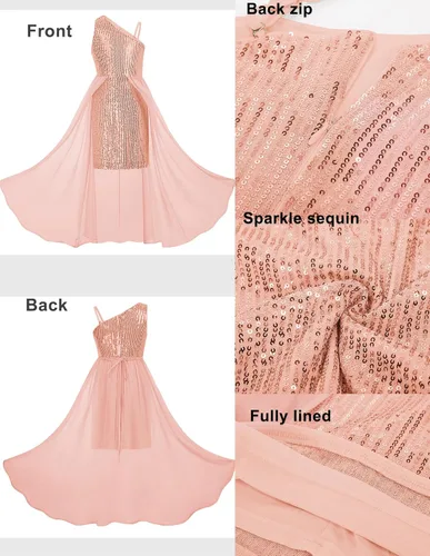 Miniatura 4 de GRACE KARIN Vestido de lentejuelas para niñas, vestido de fiesta de cumpleaños de un hombro, vestidos de graduación 6-14 años