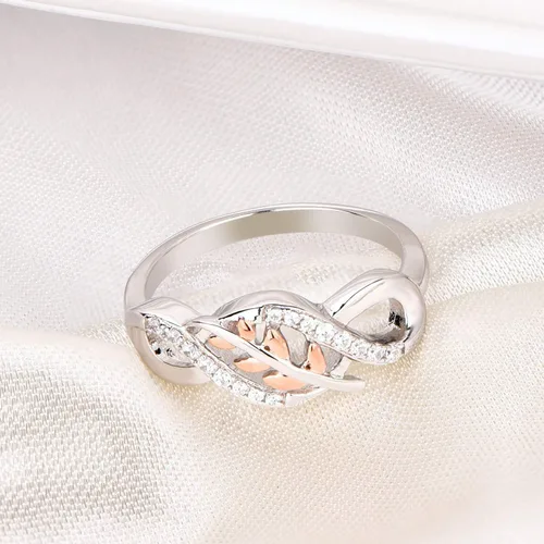 Miniatura 5 de JO WISDOM Anillo de plata de ley 925 con nudo infinito y hoja de oro rosa con circonita cúbica