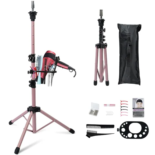 Miniatura 9 de Klvied Trípode para peluca para práctica de trenzado y peinado de peluca, soporte de cabeza de maniquí ajustable de 25 a 53.5 pulgadas con bandeja