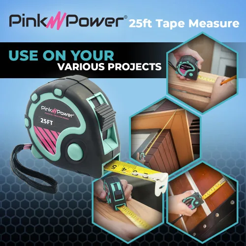 Miniatura 3 de Pink Power Cinta métrica con fracciones – Cinta métrica azul resistente, pequeña, retráctil, con marcas de fácil lectura, retorno centrado