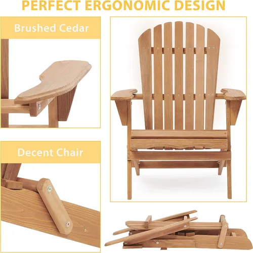 Miniatura 3 de Juego de 2 sillas Adirondack plegables para exteriores, sillas de patio de madera maciza con respaldo premontado, sillas de salón resistentes a