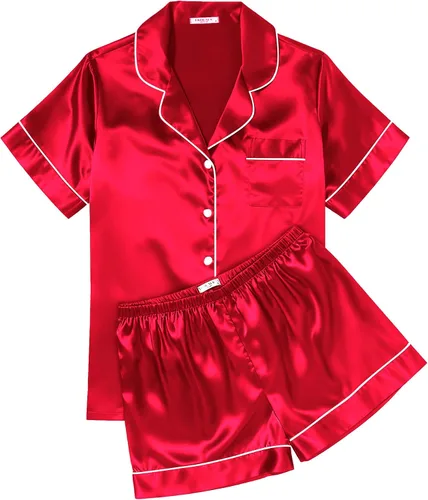 Miniatura 7 de Ekouaer Conjunto de pijama de satén de seda para mujer, suave, de manga corta, con botones, ropa para dormir, camiseta y pantalones cortos, juego