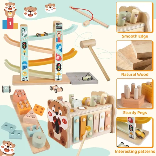 Miniatura 13 de Juguetes de madera Montessori para niños pequeños de 1 a 3 años, juguete de martillado y golpeo para bebés con xilófono y juego de pesca, pista