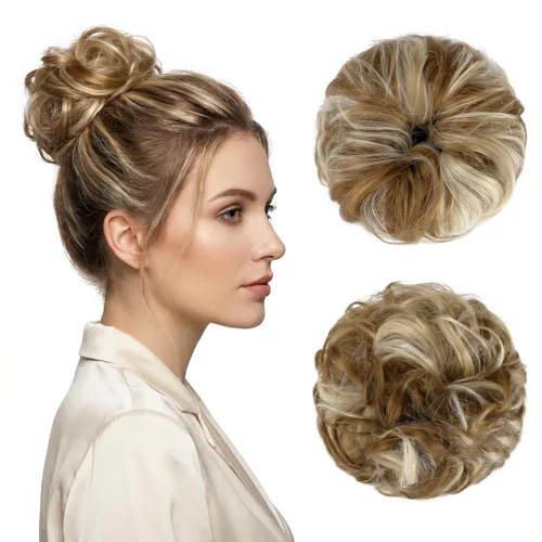 Moño desordenado grande y desordenado, moño ondulado, rizado, coleteros gruesos, extensiones de cabello para mujeres y niñas, color marrón jengibre