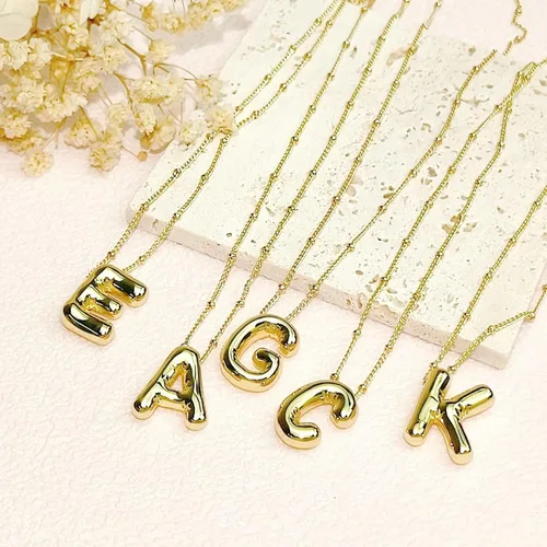 Miniatura 4 de Qyalie Collar de letras de burbujas, collares con inicial de globo para mujeres y niñas, delicado dije del alfabeto, chapado en oro de 14 quilates