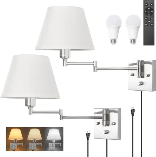 Miniatura 10 de TRLIFE Aplique de pared regulable con control remoto, temperatura de color ajustable de 2700K a 6500K, luces de pared con brazo oscilante de latón