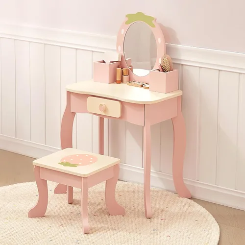 Miniatura 9 de OOOK Tocador para niños de 3 años, tocador de juguete para niños con accesorios de maquillaje, mesa de maquillaje para niños con cajón, color rosa