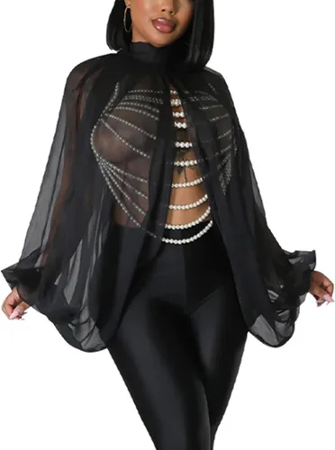 Miniatura 2 de Tops Sexys para Mujer Fiesta Club Noche con Mangas de Murciélago de Gasa Transparente con Lazo Trasero en la Parte Frontal Camisas de Mujer Casuales