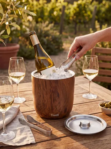 Miniatura 5 de S'well Cubo de hielo de acero inoxidable con pinzas, capacidad de 68 onzas, acabado de madera de teca, aislamiento al vacío de triple capa