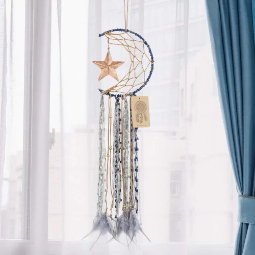 Miniatura 5 de Dremisland Atrapasueños Azul Hecho a Mano Diseño de Media Luna Atrapasueños de Pluma Colgante con Estrella Decoración del Hogar Ornamento Regalo