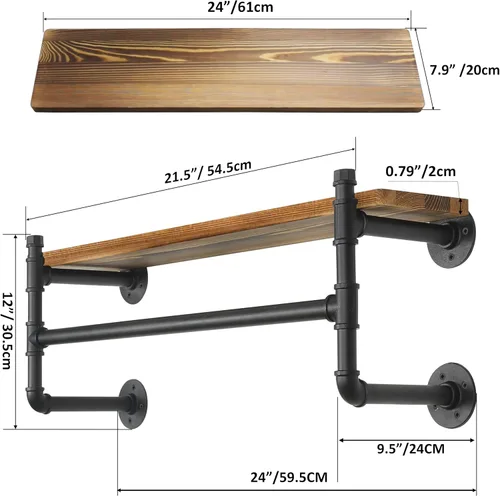 Miniatura 3 de WEBI Perchero de pared con estante, perchero industrial de 24 pulgadas con estantes, barra de ropa de hierro resistente, barra de ropa de exhibición
