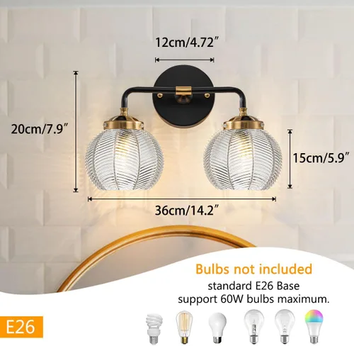 Miniatura 2 de Lámpara de tocador de baño de 2 luces, luces de globo de vidrio transparente, lámpara de montaje en pared negra con pantalla de vidrio acanalado