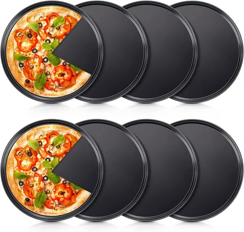 Meanplan 8 piezas antiadherentes para hornear pizza, sartén redonda para horno, bandeja de horno de acero al carbono, para hornear pasteles para el