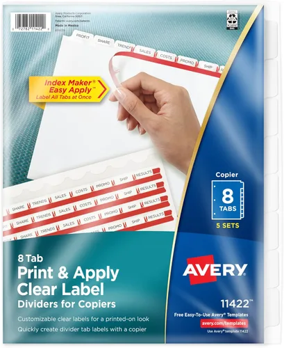 Avery Separadores de 8 pestañas para carpeta de 3 anillas, tira de etiquetas transparente fácil de imprimir y aplicar para copiadoras, pestañas