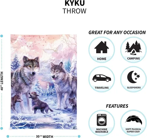 Miniatura 6 de KYKU Mantas y mantas de lobo rosa, manta de vellón de lobos con animales decorativos de nieve para adultos y niños, diseño de amor familiar, bonito