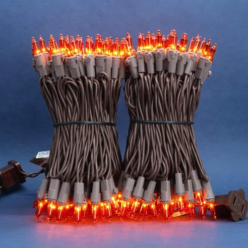 Miniatura 2 de 200 luces de Navidad naranjas, paquete de 2 hebras de 100 luces, 33 pies de cable marrón, luces de cadena de Halloween con certificación UL (naranja)