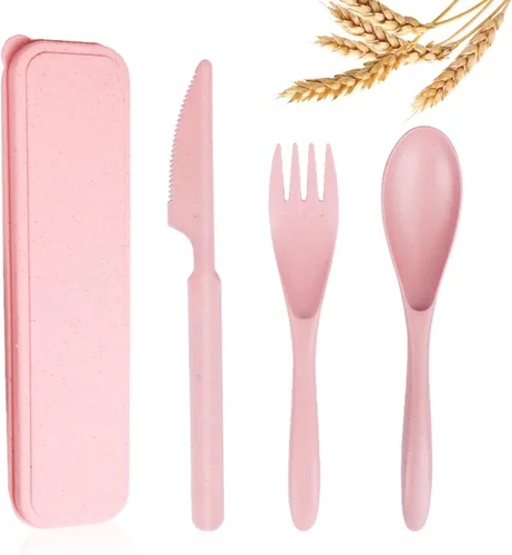 Miniatura 8 de YDYTOP Juego de utensilios de viaje reutilizables con estuche, cuchillo portátil de paja de trigo beige, tenedor, cucharas, vajilla, cubiertos