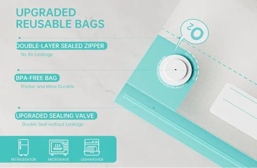 Miniatura 4 de Bolsas selladoras al vacío para alimentos, 20 bolsas reutilizables Sous Vide sin BPA, bolsa con cremallera al vacío con válvula de aire universal