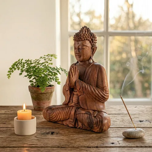 Miniatura 6 de G6 Collection Estatua de Buda de madera serena sentada hecha a mano, escultura meditante, decoración del hogar, acento de madera tallada a mano