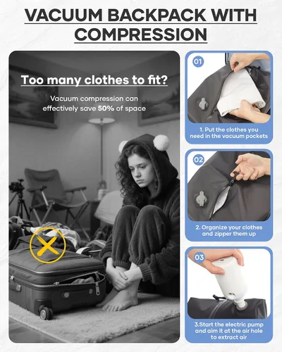 Miniatura 6 de Mochila de Viaje con Sellado al Vacío y Bomba, Mochila Grande de Transporte con Vacío para Hombres y Mujeres, Mochila de Viaje de Compresión al