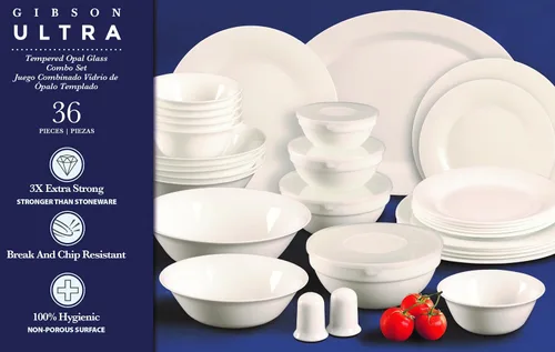 Miniatura 7 de Gibson Home Ultra - Juego de vajilla resistente a roturas y astillas, suave redondo: servicio para 6 personas (36 piezas), cristal de ópalo