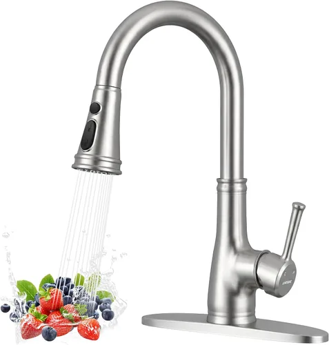 Grifo de cocina con aerosol -WEWE de un solo agujero para fregadero de cocina con placa de cubierta, Plateado, A100806BN Níquel cepillado