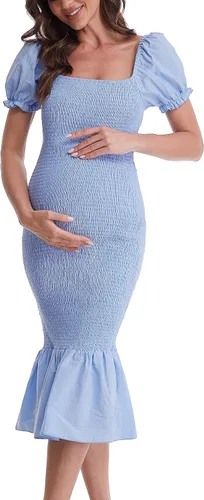 Miniatura 3 de Vestido de maternidad de verano a media pierna, manga corta abombada, cuello cuadrado, dobladillo con volantes, vestido de sirena para baby shower