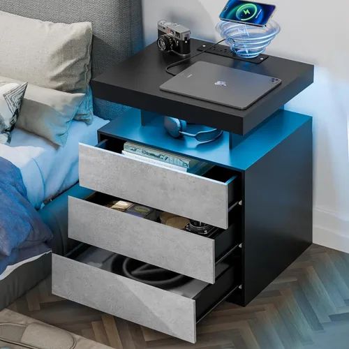 Miniatura 15 de HOMMPA - Mesita de noche LED con estación de carga inalámbrica y puertos USB, mesa de noche moderna, mesita de noche de 3 cajones con compartimento