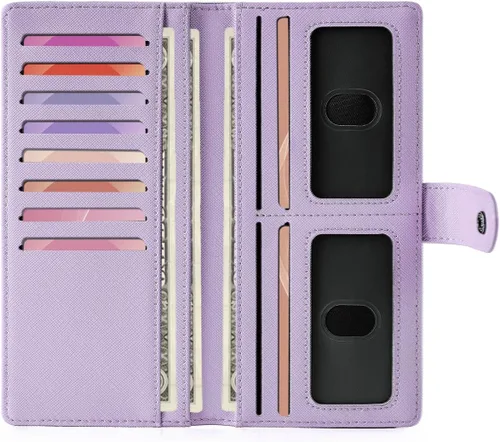 Unilily Cartera delgada para mujer, con bloqueo RFID, de piel vegana, plegable, tarjetero con 2 ventanas de identificación y bolsillo con Lila