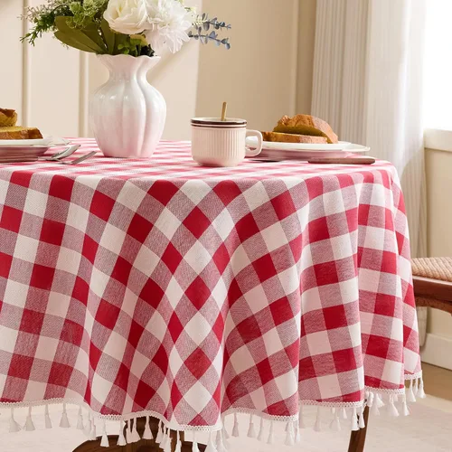 Miniatura 26 de JIALE - Mantel cuadrado de lino de algodón de cuadros Gingham con borlas, lavable, sin arrugas, mantel a cuadros de búfalo para fiesta al aire
