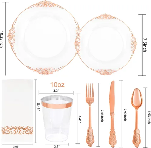 Miniatura 5 de Morejoy - Juego de vajilla de plástico de 175 piezas en oro rosa y plata: 25 platos, 25 tenedores, 25 cuchillos, 25 cucharas, 25 tazas, 25 Oro