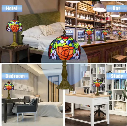 Miniatura 5 de Tiffany Style Lamp Rose Flower Lámpara de mesa de vidrieras rosa roja 8 x 8 x 14 pulgadas lámpara de escritorio de oficina en casa luces decorar