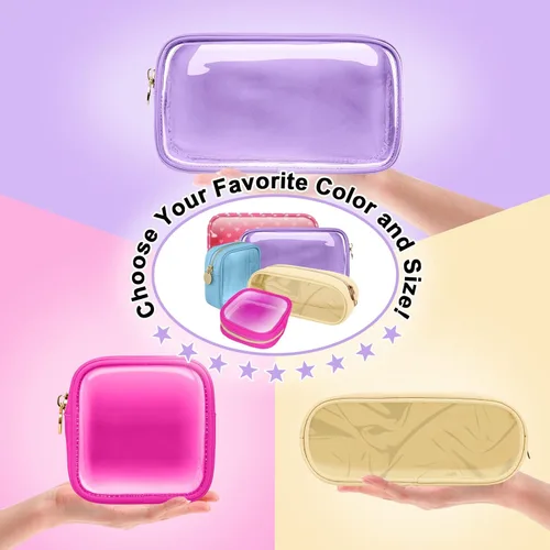 Miniatura 8 de izuzta Bolsa de Maquillaje Pequeña de Nylon, Linda Bolso de Cosméticos Mini, Bolso de Cremallera Preppy, Púrpura, Mini Púrpura-Transparente