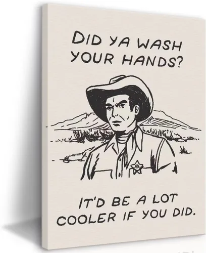 Cuadros enmarcados de vaquero retro en blanco y negro para la pared de la cocina ¿Lavaste tus manos? Impresiones en lienzo, imágenes divertidas para