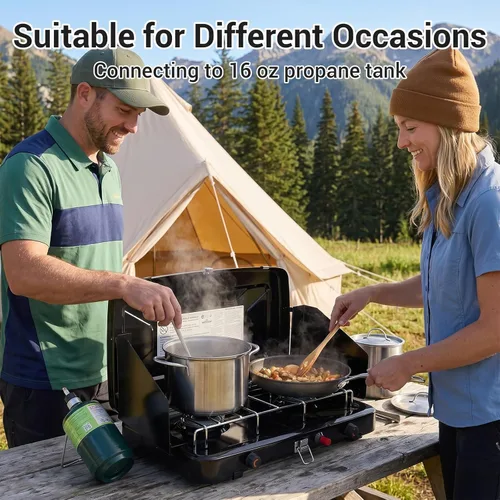 Miniatura 5 de FineFlame Estufa de campamento, estufa de campamento portátil de propano con regulador, encendido instantáneo con botón, quemadores ajustables