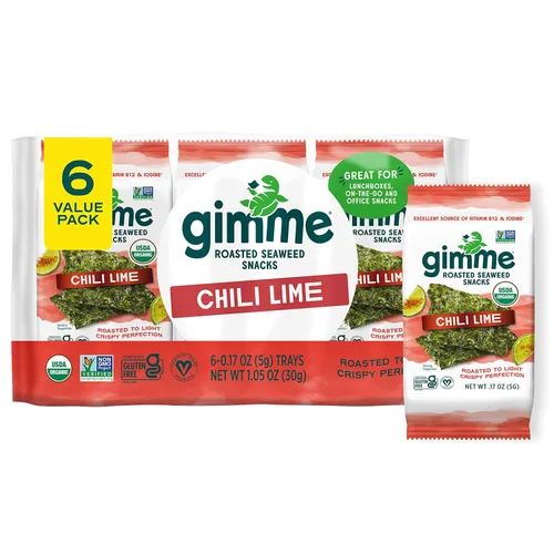 Miniatura 10 de gimMe - Bocadillo de algas marinas orgánicas tostadas con sal marina, 6 paquetes de 15oz