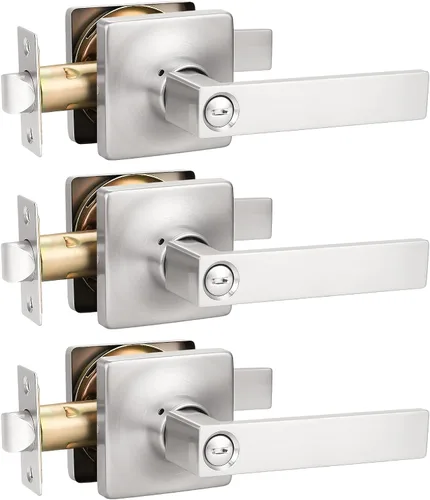 Miniatura 24 de GOBEKOR Paquete de 1 palanca de paso, manijas de puerta rectas de níquel satinado para cerradura de puerta de armario, manija cuadrada de puerta