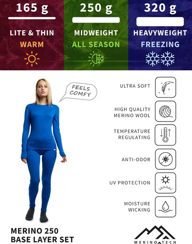 Miniatura 5 de Merino.tech Conjunto de capa base de lana merino para mujer, ropa interior térmica ligera de lana merino de peso medio para mujer, parte superior e