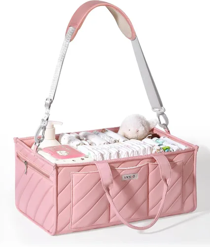 Organizador de pañales extra grande – Cesta de almacenamiento grande para guardería con bolsillo con cremallera, correa para el hombro y ganchos