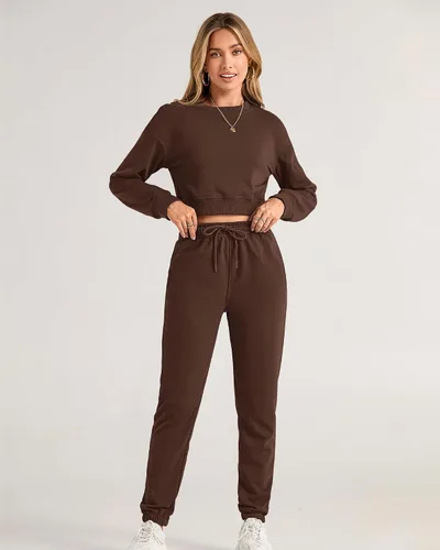 Miniatura 81 de BTFBM Conjunto deportivo de 2 piezas para mujer, camiseta corta de manga larga, sin botones, pantalón con cordón ajustable, pantalones deportivos