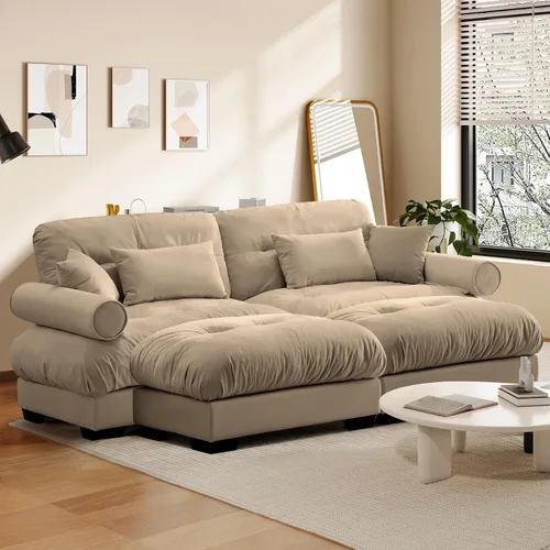 Miniatura 75 de Reposapiés Otomano Tapizado de Terciopelo con Cojín para Sofá Seccional Sofá 300 libras para Sala de Estar (Beige)
