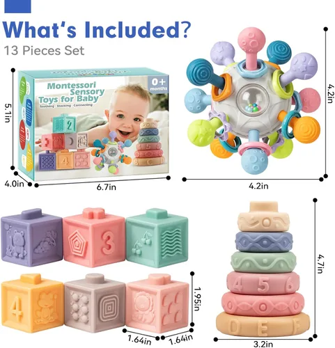 Miniatura 8 de Conjunto de Juguetes Sensoriales y de Dentición para Bebés, Juguetes Montessori para Bebés de 6-12 Meses, Incluye Sonajero, Mordedor para Recién