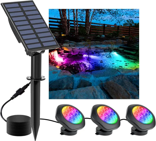 Miniatura 10 de Luces solares para estanque, 18 LED RGB superbrillantes, focos subacuáticos que cambian de color, luz sumergible para estanque, luces de fuente
