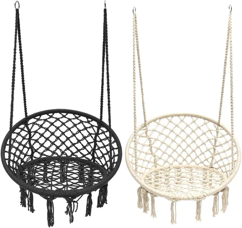 Miniatura 11 de Garpans Juego de 2 sillas tipo hamaca de macramé estilo bohemio con borlas, columpio colgante hecho a mano, cuerda de algodón tejida a mano