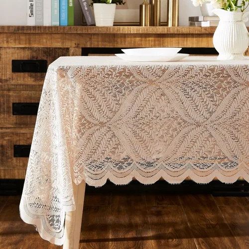 Miniatura 11 de Warm Home Designs Mantel de encaje dorado de lino, mantel redondo pequeño de 48 pulgadas de diámetro. Mantel floral, superposición rústica o mantel