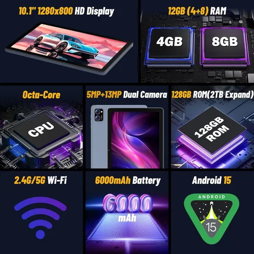 Miniatura 2 de JUNYANG Tablet, Android 15 Tablets de 10.1 pulgadas con Octa-Core, 12GB+128GB+ 2TB ampliable, Tablet PC de pantalla táctil HD grande para adultos