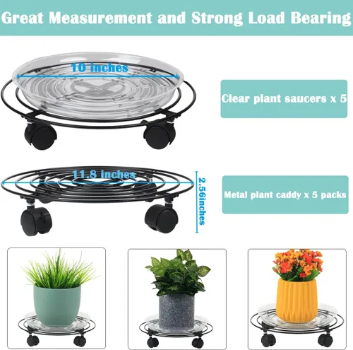 Miniatura 3 de Paquete de 5 cestas de metal para plantas de 11.8 pulgadas con ruedas, soporte de hierro forjado resistente con ruedas para uso en interiores
