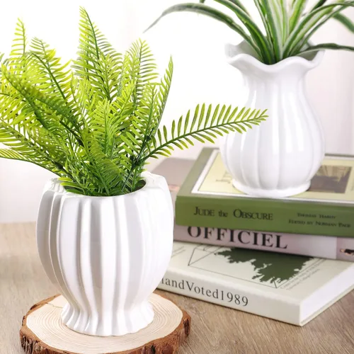 Miniatura 6 de VanEnjoy Florero decorativo de cerámica blanca de 6 pulgadas con diseño acanalado moderno de 6 pulgadas, flor de loto blanco