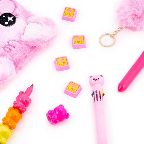 Miniatura 5 de VOTUM Fuzzy Bear - Juego de regalo de papelería para niños, cuaderno de felpa, resaltadores apilables, bolígrafos de clic, notas adhesivas